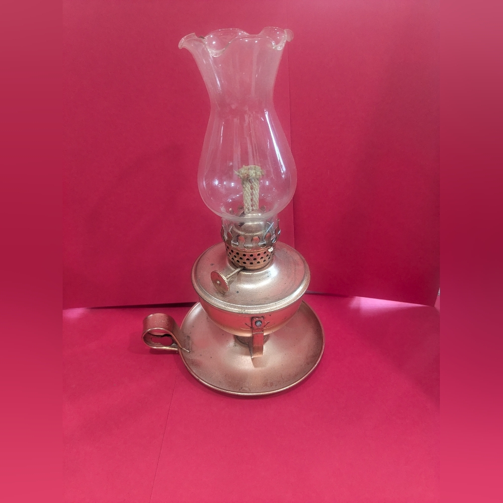 Vintage Metal Oil Lamp with Glass Chimney